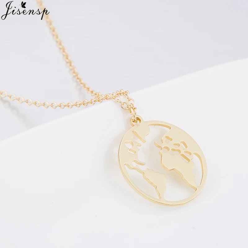 Jisensp Stainless Steel Origami World Map Necklace for Women Simple Jewelry Round Necklaces Pendants Earth Day Gift bijoux femme