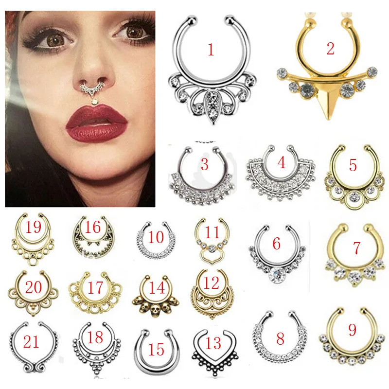 21 ผสมไทเทเนียมปลอมแหวนจมูกเจาะทองเงินชุบหลายรูปร่างเจาะ Septum Clickers เครื่องประดับสำหรับผู้หญิง