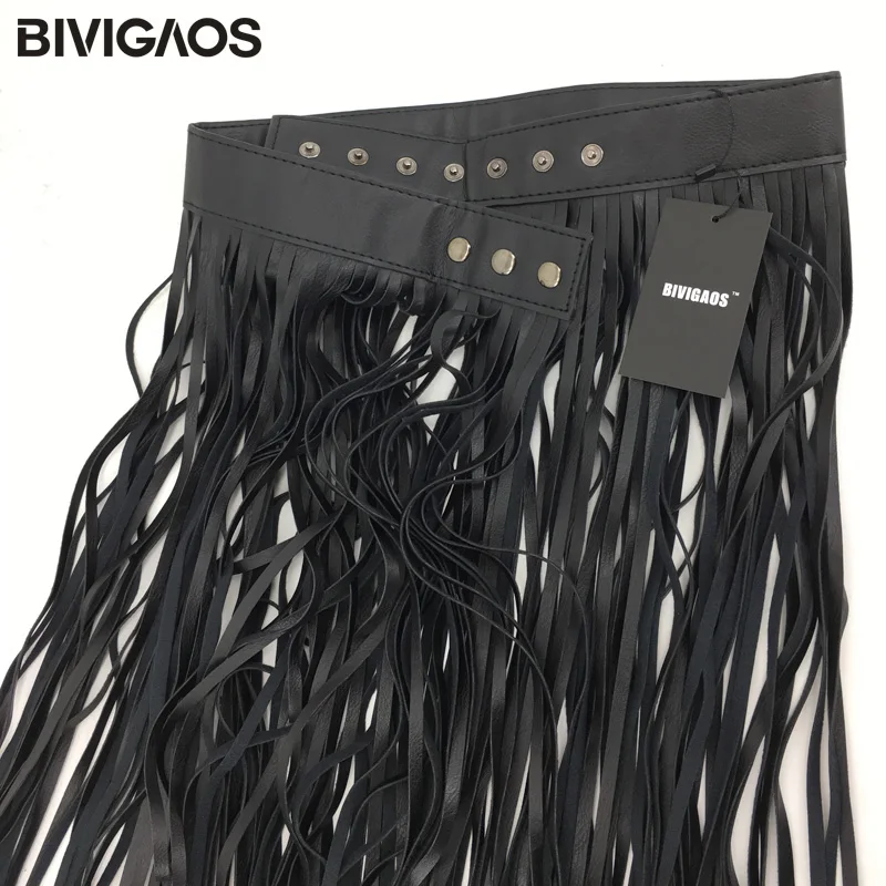 BIVIGAOS Womens PU Leather Girdle Long Skirt Tassel Belt Skirts Female Wild Gypsy Style Skirts Adjustable Faldas Largas Saias