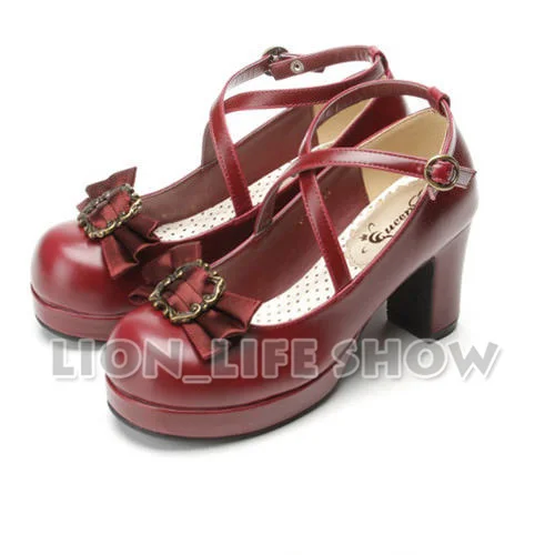 Japanese Retro Gothic High Heel PU Lolita Shoes Cosplay Costume Shoes Bowtie Pump