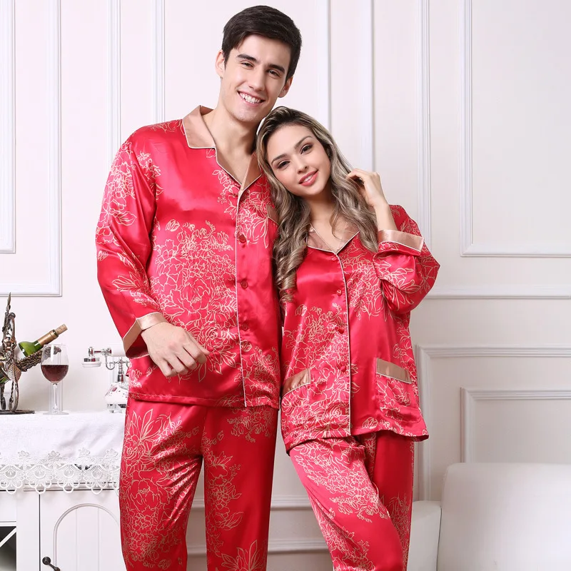 Bride Three Pieces Silk Pajamas Long Sleeved Wedding Pajama Set Mens Silk Sleepwear Red Lovers Nightgown Loungewear D-2163