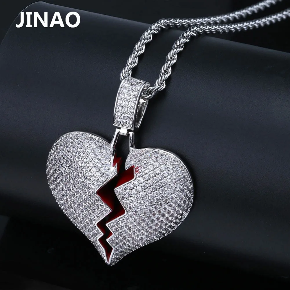 JINAO Fashion Broken Heart Iced Out Chain Pendant Necklace Statement Gold Color Cubic Zircon Necklace Hip Hop Men\'s Jewelry Gift