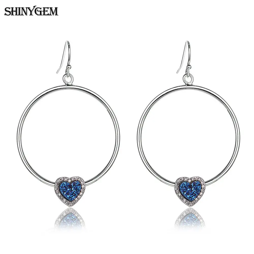 ShinyGem 2020 Trendy Big Round Drop Dangle Earrings Heart Shape Natural Blue Opal Rainbow Druzy Stone Earrings For Women Charm