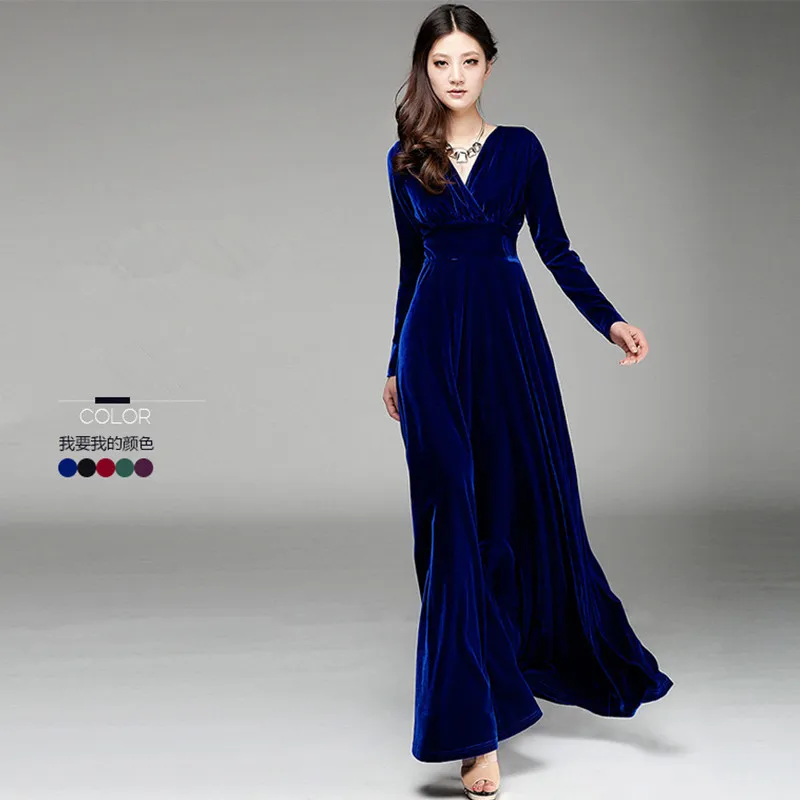 Miễn phí Vận Chuyển Mới Thời Trang Cộng Với Kích Thước S-3XL Stretch Velour Dresses Đối Với Phụ Nữ Dài Maxi Một mảnh Váy Mùa Xuân Mùa Thu nhung V-Cổ