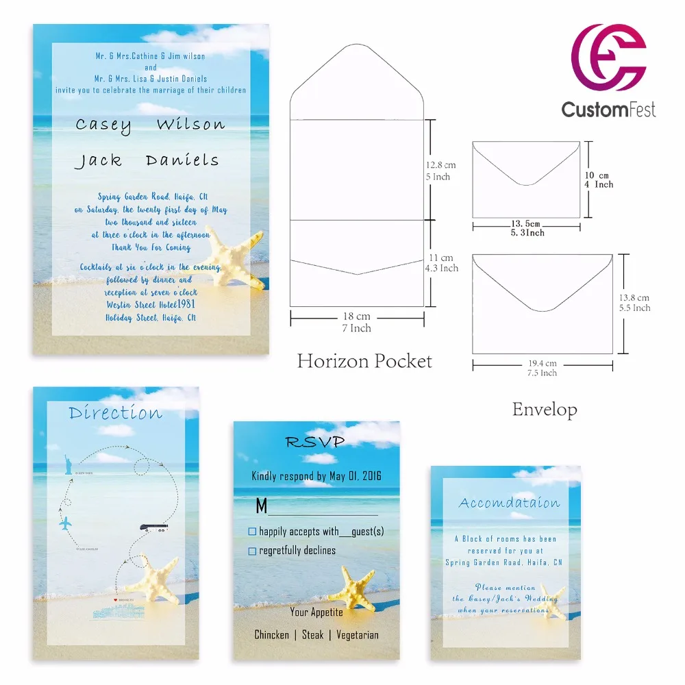 30pcs/lot personalized pocket kit  starfish summer pocket envelop+matching envelop+card+RSVP free shipping PKEE039V103