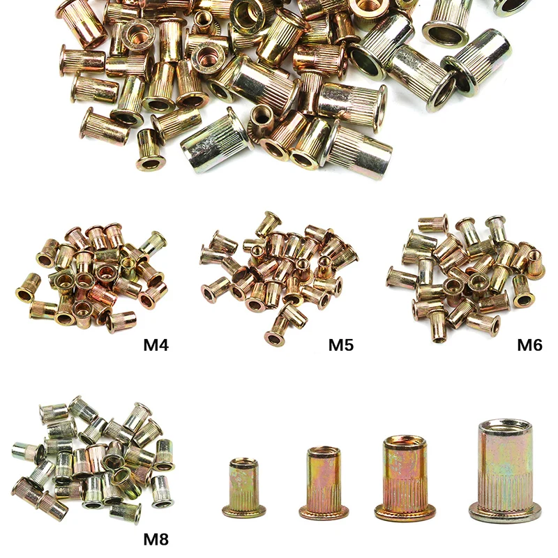 100PCS เหล็กกล้าคาร์บอนถั่ว M4 M5 M6 M8 Flat Head Rivet Nuts ชุดใส่ถั่วโลดโผน