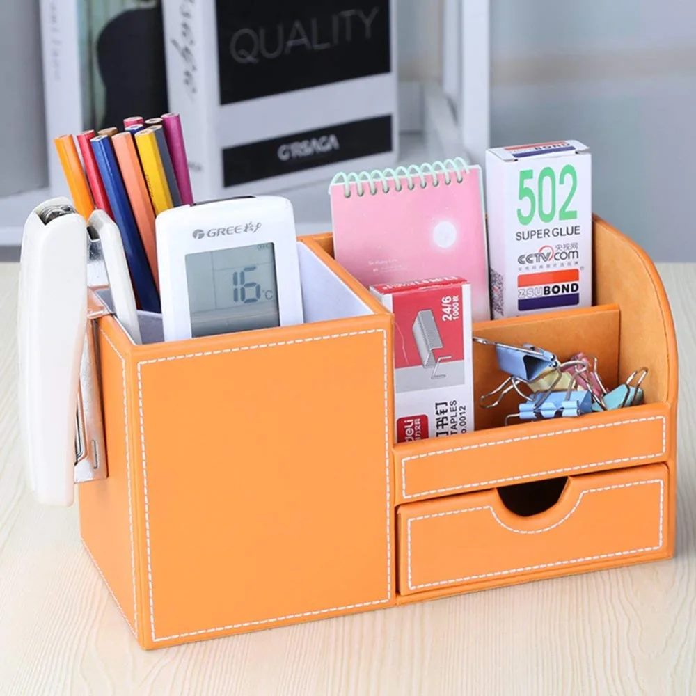 XRHYY Orange 3 Storage Compartments PU Leather Office Desktop Organizer Stationery Box Collection Business Card/Pen/Pencil