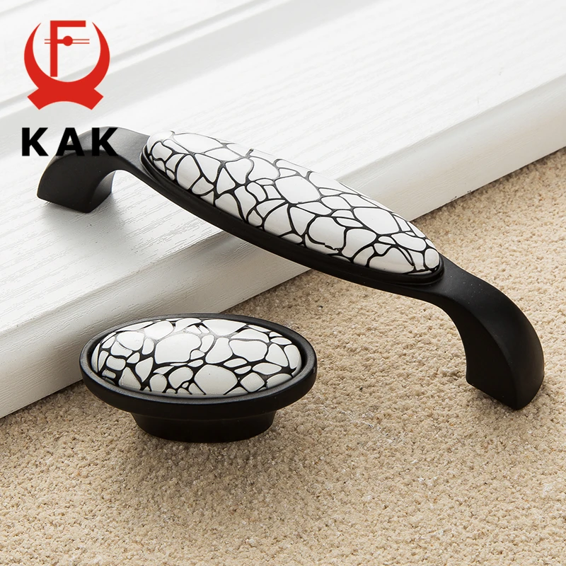 KAK Black Emboss Wardrobe Door Handles Marble Ceramic Cabinet Handles Drawer Knobs American Style Furniture Hardware Pulls