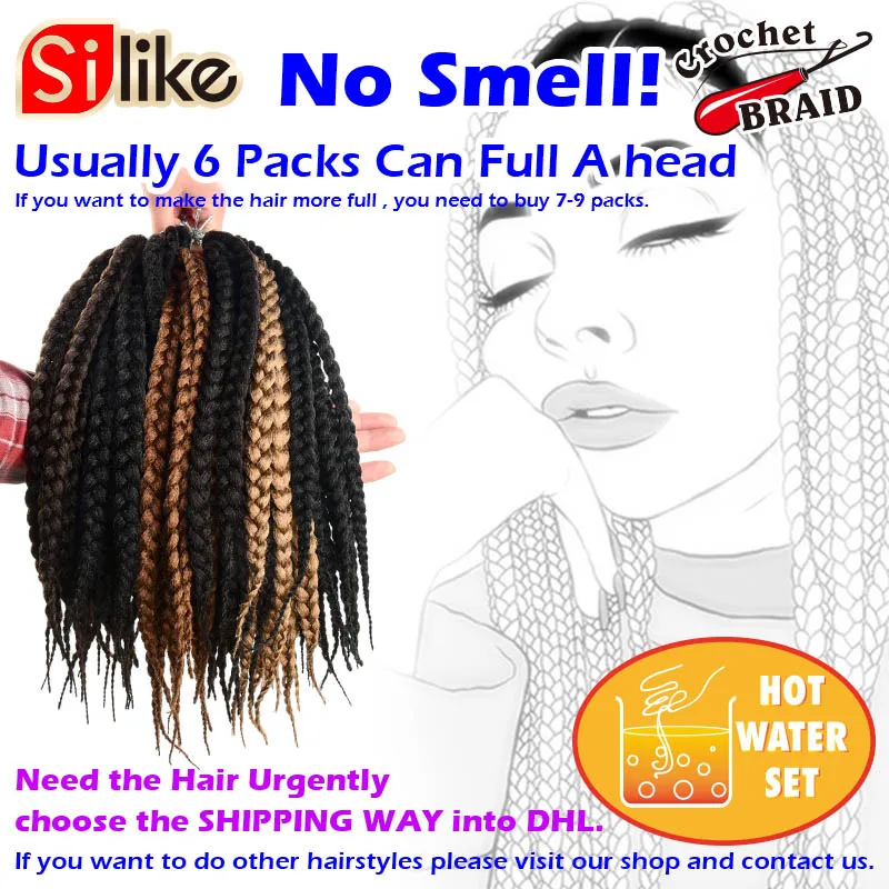 Silike 12 "18" 22 "Crochet Box Braids 합성 머리 12 뿌리 Pure Colors Crochet Braiding Hair 확장 90-100g 1 갑/몫