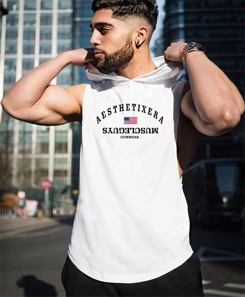 Muscleguy – t-shirt sans manches pour homme, vêtement de gym, fitness, musculation, sweat à capuche en coton, débardeur