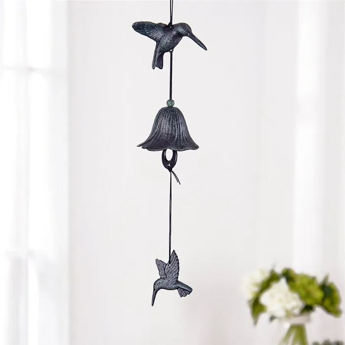 

2 Cast Iron Bird Hummingbird Windchime Windbell Patio Courtyard Gardon Outdoor Hanging Decor Antique Wind Bell Chimes Dark Green