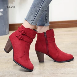 Red Boots Women 2024 Ankle Boots For Women High Heel Autumn Shoes Women Fashion Zipper Boots Size 35~43