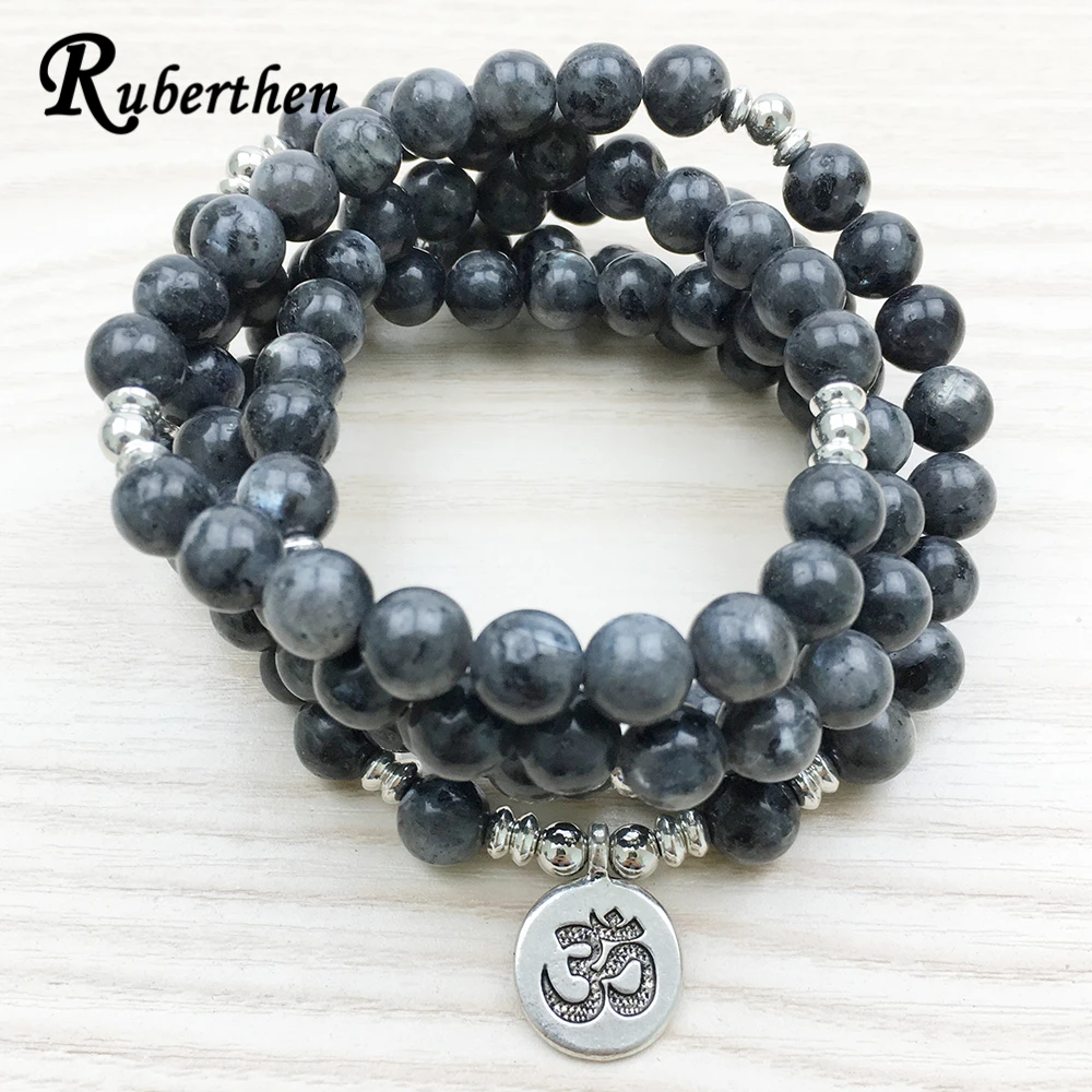 Ruberthen New Design Labradorite Wrap Bracelet Trendy Handmade Women`s 108 Mala Yoga Bracelet or Necklace Ohm Charm Bracelet