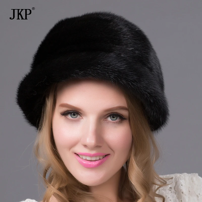 

JKP 100% Real Natural Whole Fur Mink Fur Women Winter Fashion Flower Pot Baseball Cap Warm Ear Cap Ladies Winter Earflap Caps