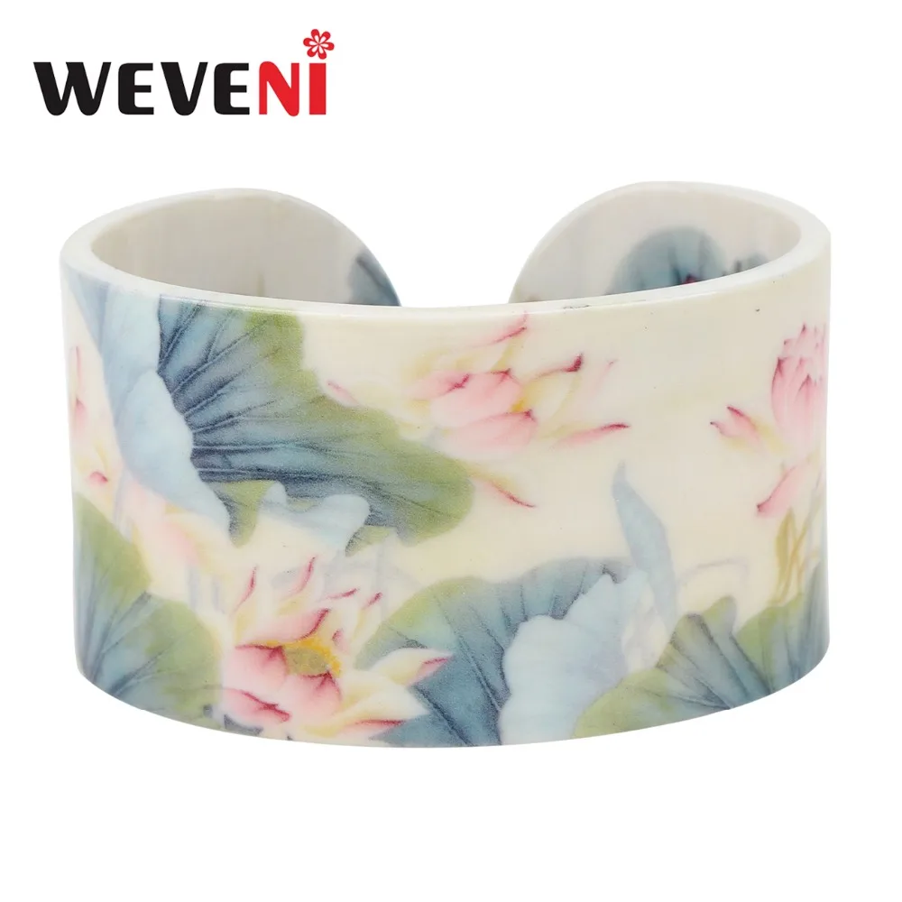 WEVENI Plastic Chinese Lotus Ink and Wash Painting Bangles Bracelets Traditional Ethnic Jewelry For Women Girls Ladies Wholesale