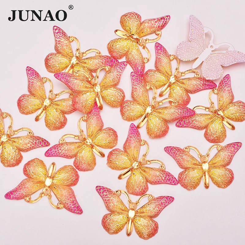 JUNAO 25*38mm 10Pc Large Sewing Colorful Butterfly Rhinestone Applique Flatback Resin Gems Sewn Crystal Stones Decoration Strass