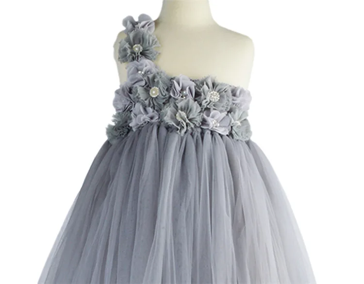 Lovely Girls Grey Chiffon Flowers Tutu Dress Kids Fluffy Tulle Tutus Ball Gown with Single Shoulder Children Wedding Party Dress