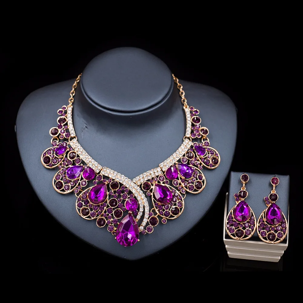 Luxurious Teardrop Crystal Bridal Wedding Jewelry Sets Rhinestone Big Necklace Earrings Sets Hot Sale TL034