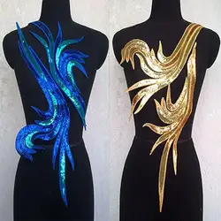 15*50-20*55cm Large Golden & Blue Paillette Sequin Embroidery Phoenix Peacock Feather Sew-on Patch Applique For Clothes DIY