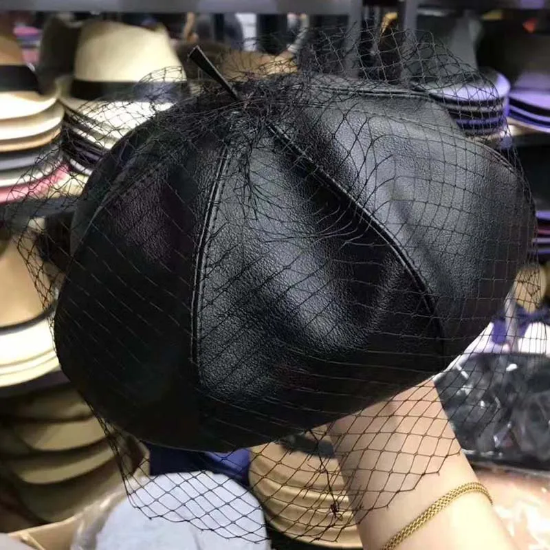 Fascinating Black Hat Chic Leather French Beret With Veil Mesh Show Double Layer Women Beret Beanies Cap