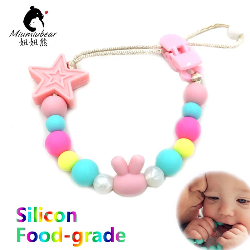 Clip de sucette en silicone en forme de tête de lapin mignon, porte-perles de qualité alimentaire à mâcher, anneau de dentition en chaîne, laisse anti-chute sans BPA