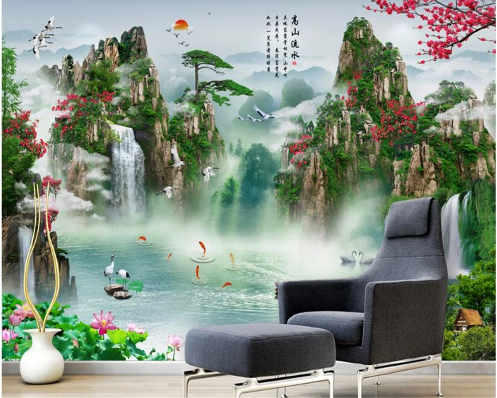 

beibehang Beautiful Chinese style landscape waterfall wall decoration 3d wallpaper high mountain personality water papier peint