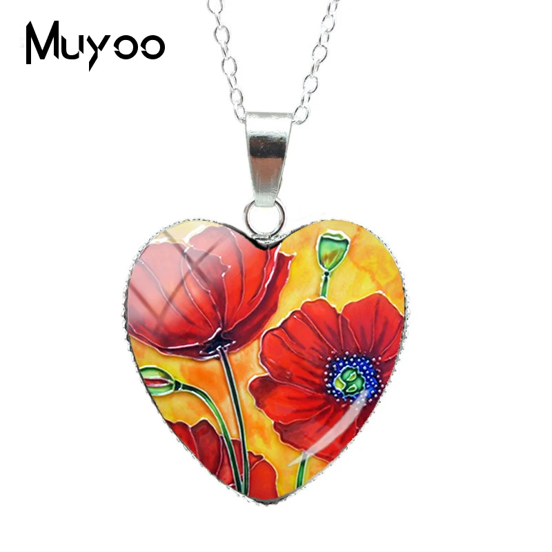 Vinatge Field of Poppies Flower Floral Pattern Heart Pendants Red Flowers Painting Jewelry Heart Necklace Gifts for WomenHZ3