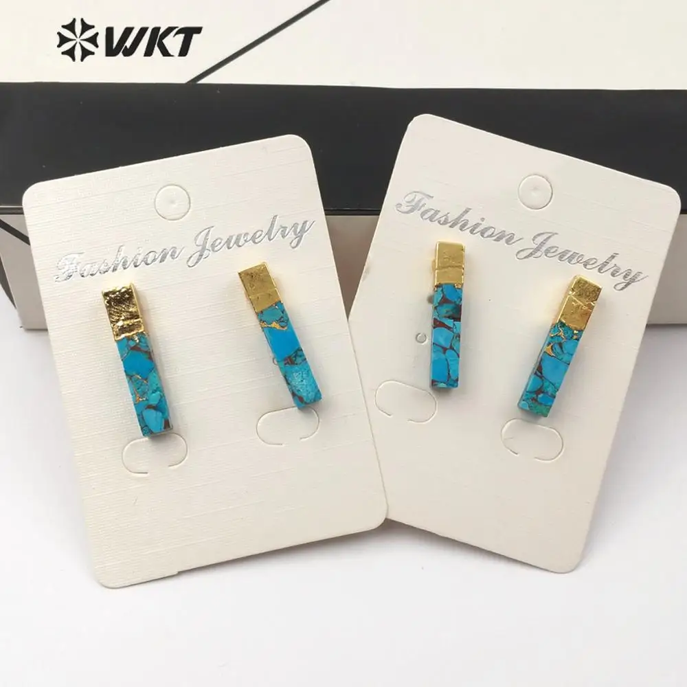 

WT-E548 WKT Gold Electroplated Rectangle Cylindrical Blue Vein Turquoises Earrings Women Fashion Earrings Jewelry