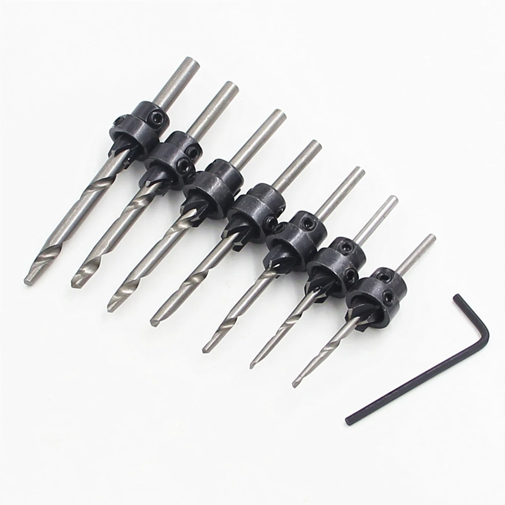 Countersink Drill Bits With Adjustable Depth Stop Collar Wood Woodworking 7pc Drilling Hole Saw 4 flute