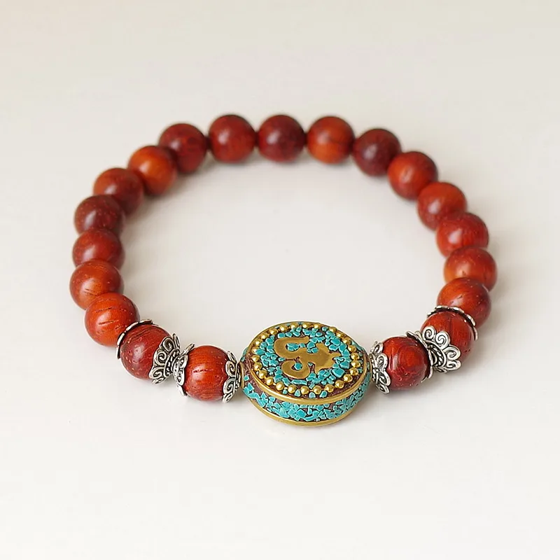 Red Wood Beads Strand Charm Chakra Mala Bracelet Lucky Prayer Tibetan Buddhist Scripture OM Mala Bracelet for Women Men