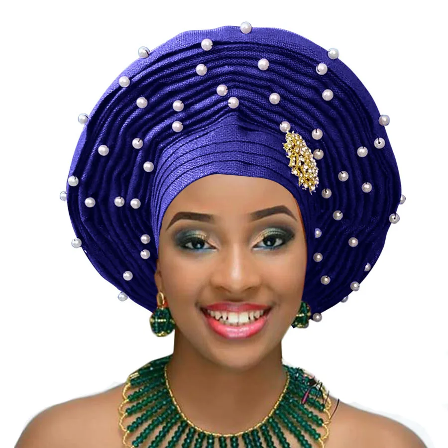 African Gele Already Made Heatie Aso Oke Headtie With Beads For Women Free Shipping