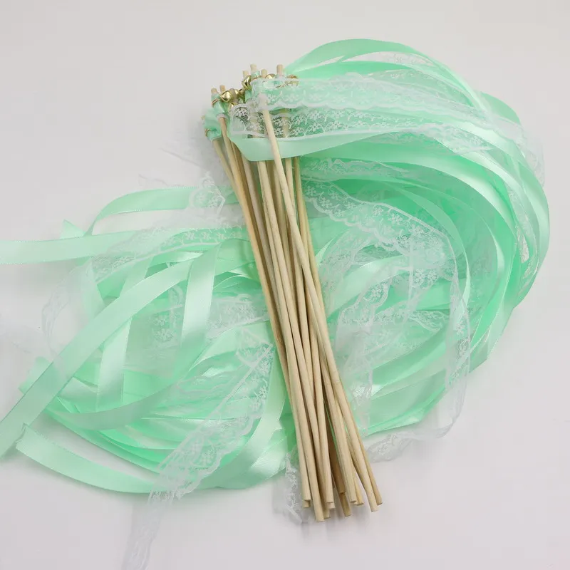 

50pcs/lot Custom Colored Wedding Ribbon Wands Ribbon Stick With Bell Tiffany blue Wedding Confetti Twiring Stream Ribbon