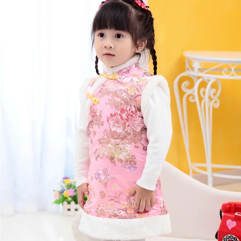 

Winter Chinese Style Girl Dress Cotton Sleeveless Kids Cheongsam Baby Girls Qipao