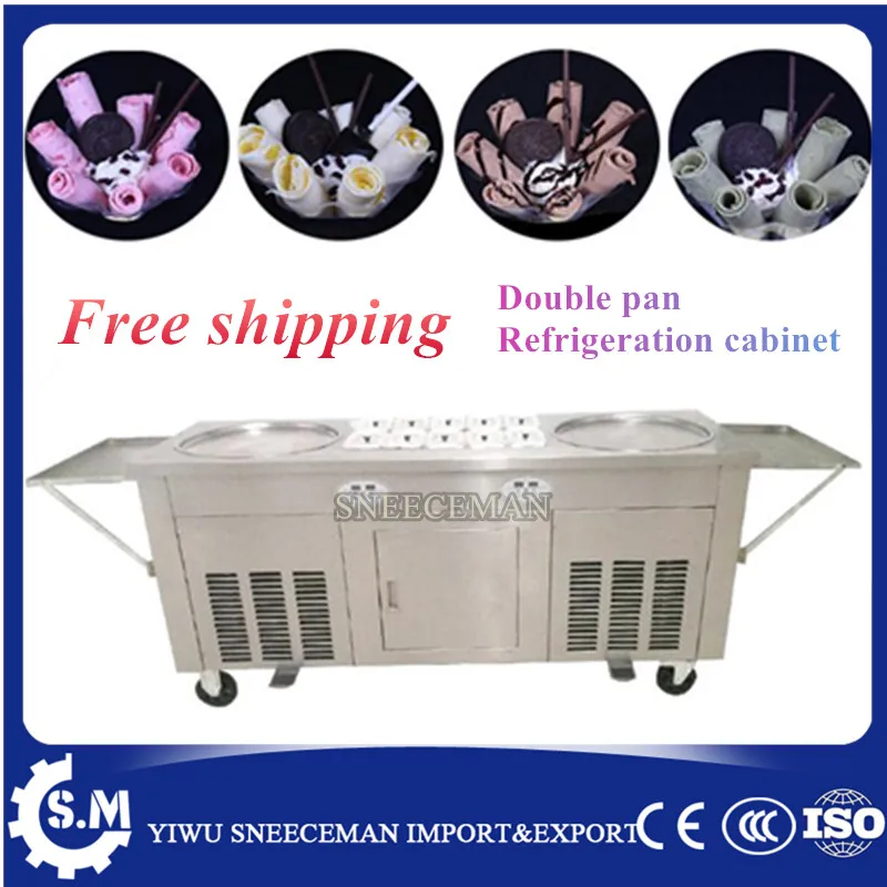 NEW Ice Cream rolling machine fried ice cream machine double 2 pans ice cream roller machine with cabinet