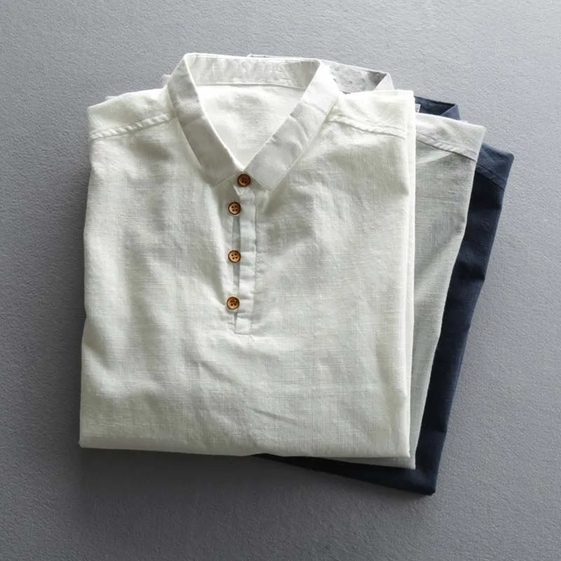 Men\'s Cotton Linen Shirts Pullover Short Sleeve Vintage Shirts Men High Quality Dress Shirt Solid Slim Fit Designer Shirt TS-192