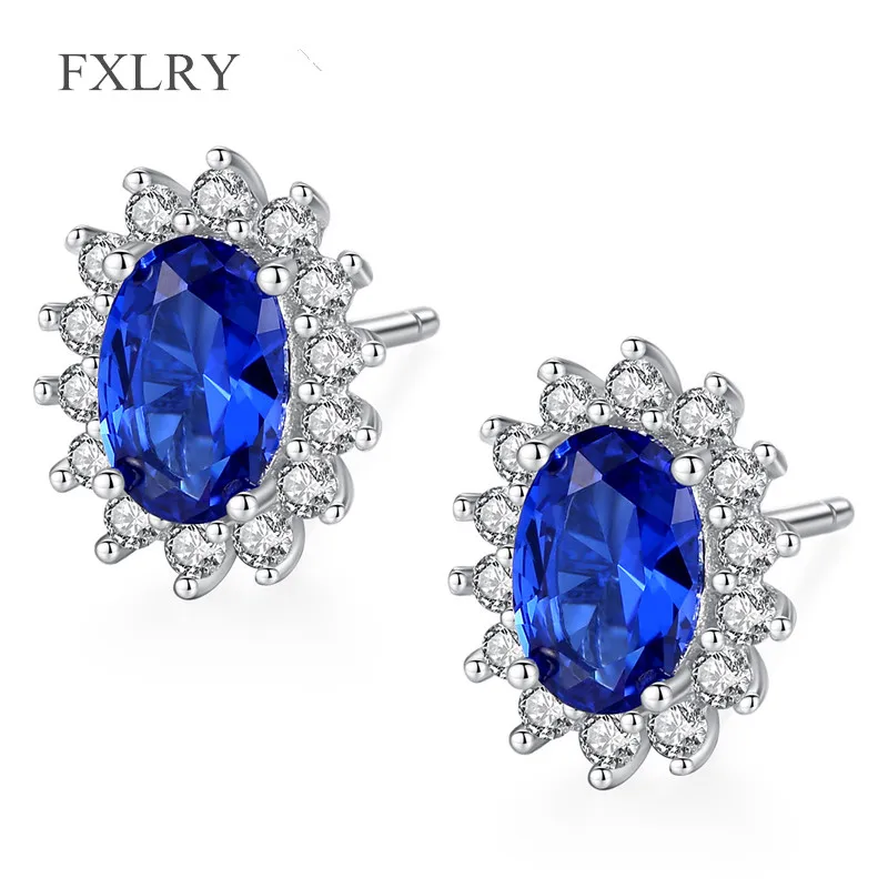 FXLRY New Arrived Personality Silver color Micro Inlay Zircon Blue Oval Stud Earrings Fine Jewelry For Women