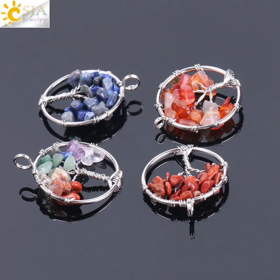 CSJA Tree of Life Necklace & Pendant Silver Color Crystal Natural Gem Stone Chip Beads 7 Chakra Wire Wrapped Women Jewelry F141