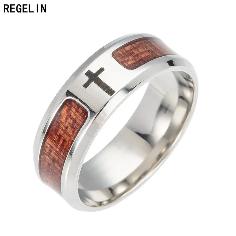 REGELIN stainless steel wedding ring inlaid Life Tree Cross teak Woody jewelry titanium steel ring For Men and Wmen Gift