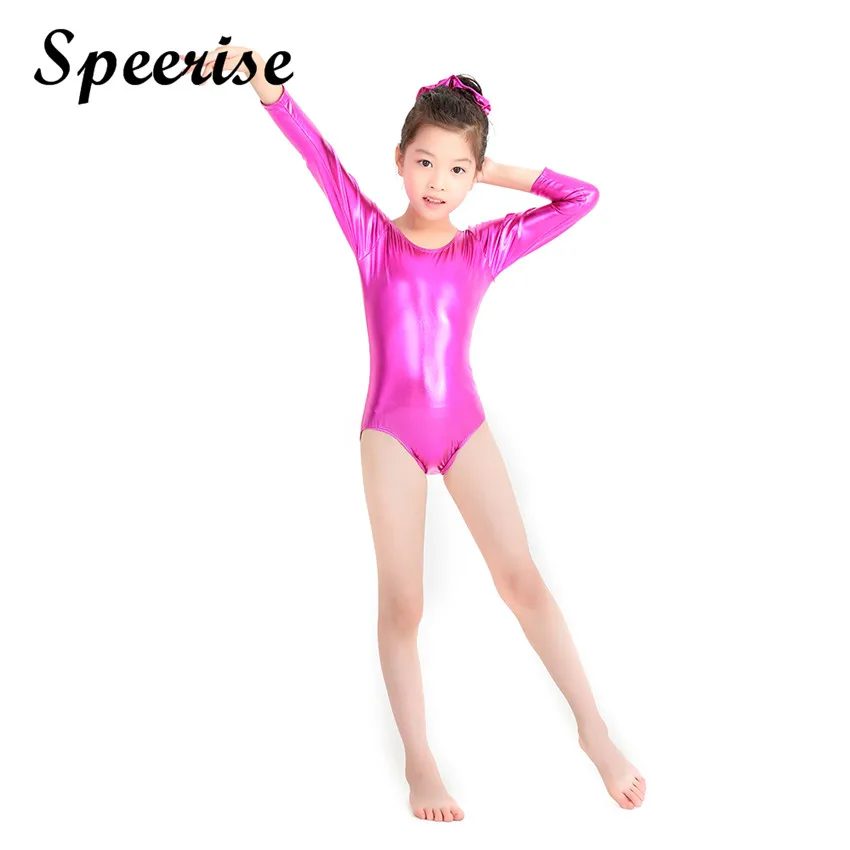 Speerise Meisjes Glanzend Metallic Lange Mouw Maillots Kinderen Ronde Hals Turnpakje Gymnastiek Spandex Bodysuit Ballet Dans Kostuums