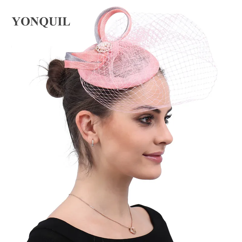 Sinamay Veil Fascinators kapelusz opaska na imprezę dla kobiet ślub francuski siateczkowy do włosów panna młoda pióra szpilki do włosów