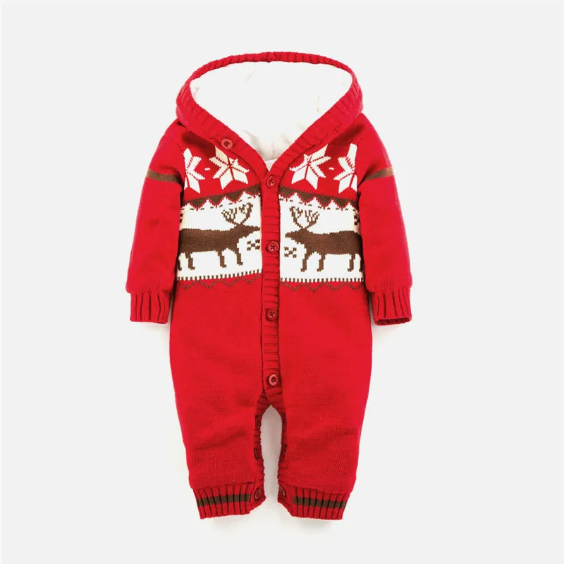 2022 Baby Rompers Winter Thick Climbing Clothes Newborn Boys Girls Warm Romper Knitted Sweater Christmas Deer Hooded Outwear