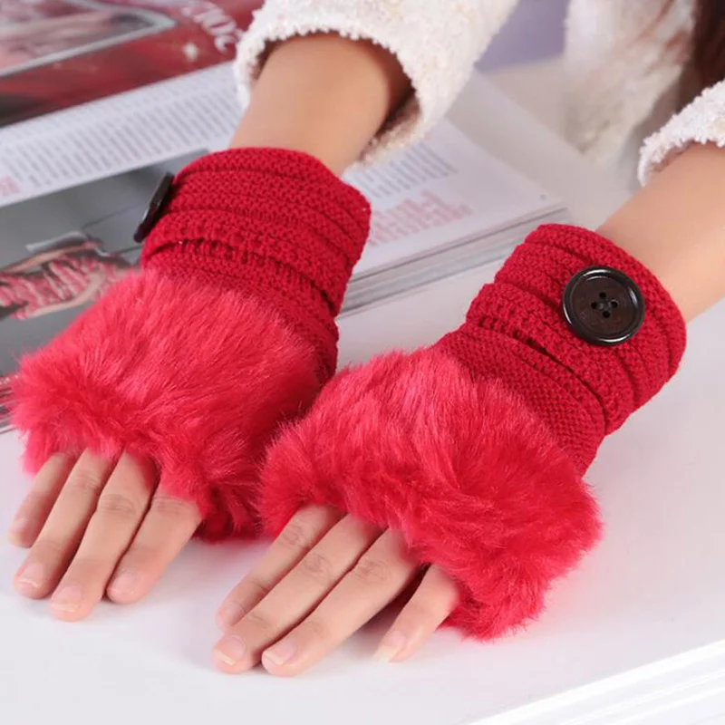 Female Winter Warm Lovely Fingerless Knit Typing Mittens Women Cute Half Finger Soft Faux Rabbit Fur With Buttons Girl Gloves A7