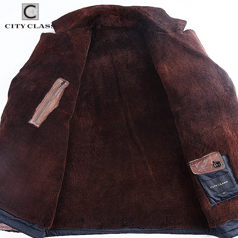 CITY CLASS New Thick Warm Winter Jacket Men Overcoat Fashion Nick Sheared Sheep Skin Suit Collar With Leather blue 14-310(G)