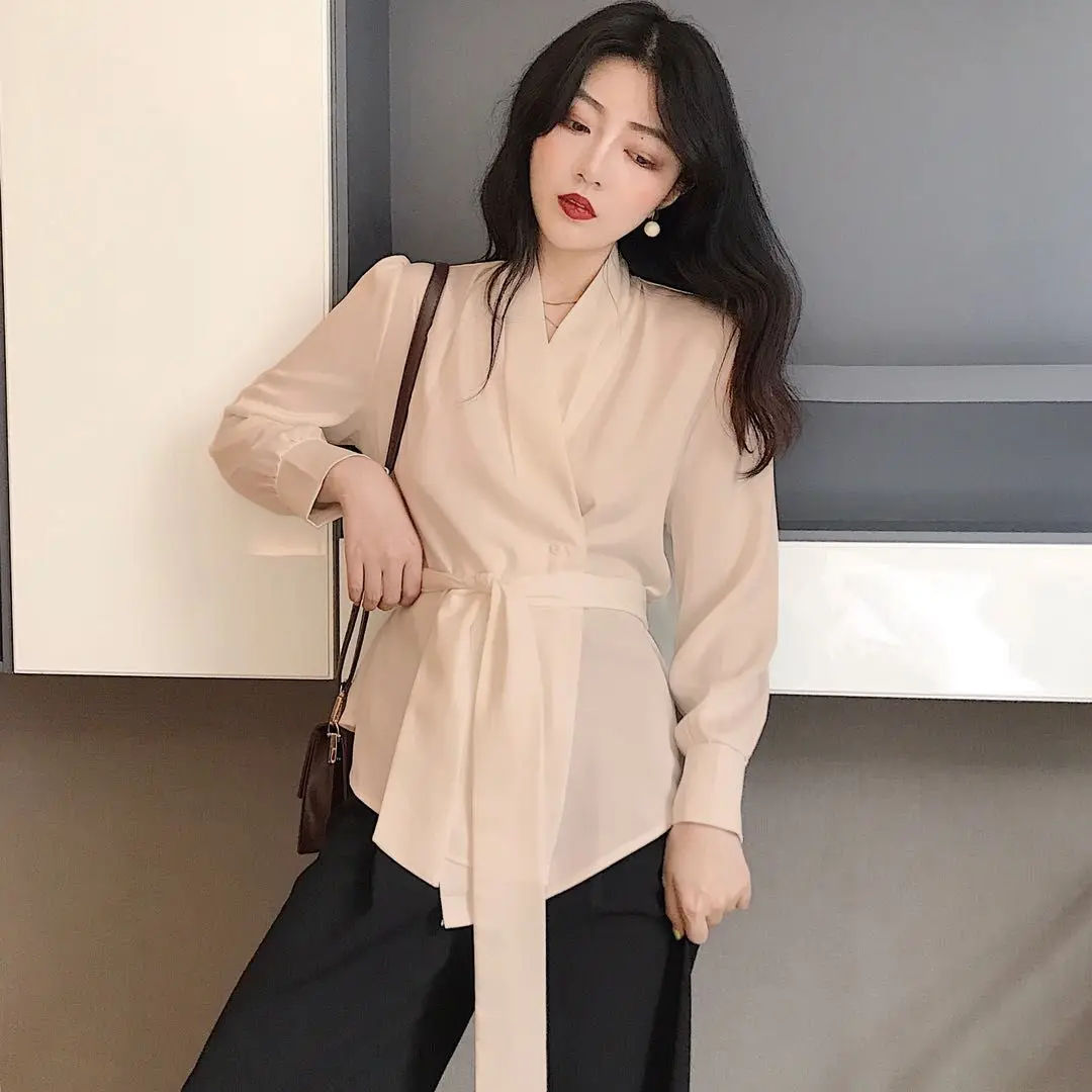 Women Faux Silk OL Shirt Belt Waist Tie Bowtie V Neck Satin Blouses Elegant Cardigan Long-sleeved Stitching Tops Wine Red Sale