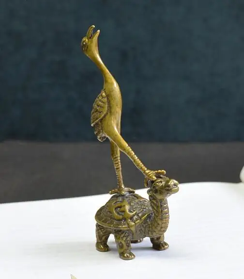 China Brass Seiko carving turtle Red-crowned crane Small statue