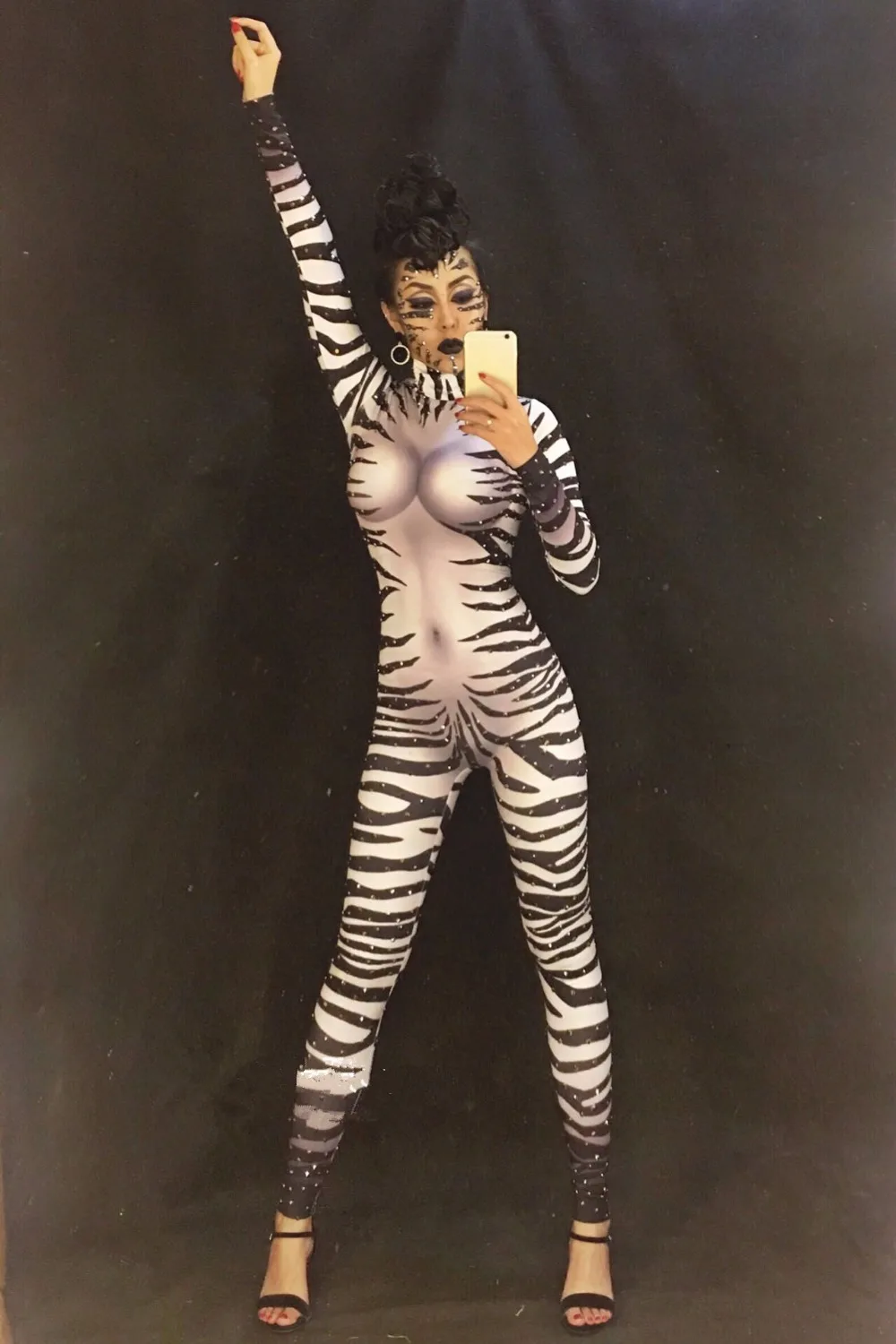 Damski Nowy Seksowny Kombinezon w Paski Zebra z Elastyczną Gumką, Błyszczące Kryształki, Obcisłe Rampersy, Kostiumy na Występ, do Klubu Nocnego, dla Piosenkarki