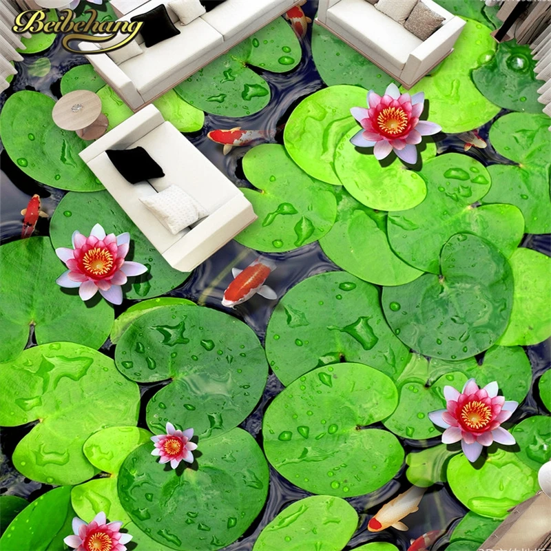 beibehang Custom Photo Wallpaper floor tiles Carp lotus Paintings For Living Room Bathroom papel de parede 3d Mural Wall Paper