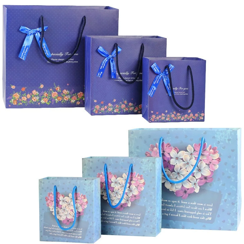 300pcs/lot 3 Size blue Bouquet gift bag Paper gift bag/ medium size/beige wedding gift bag with handle Festival gift bags