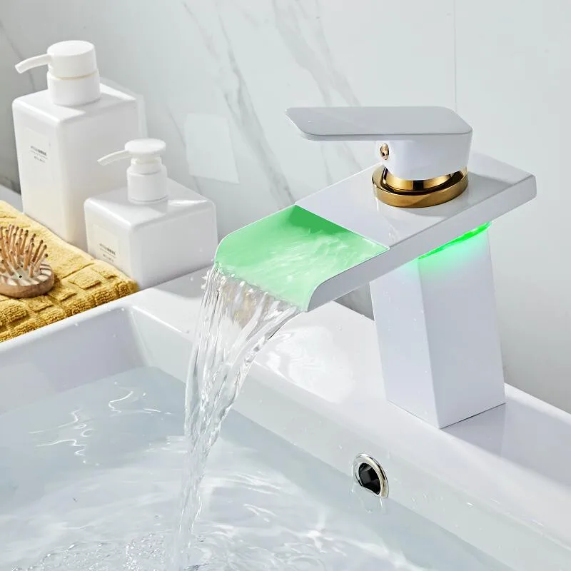 

Bathroom Basin Faucet LED Faucet White Sink Waterfall faucet Single Hole Cold Hot Rose Gold Tap Basin Faucet Mixer Tap Torneira