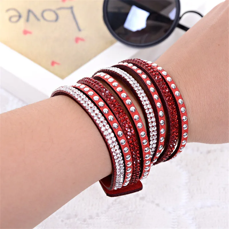 HOCOLE Fashion Crystal Rhinestone Leather Bracelets For Women Vintage Charm Wrap Multilayer Bracelet 2019 Female Boho Jewelry